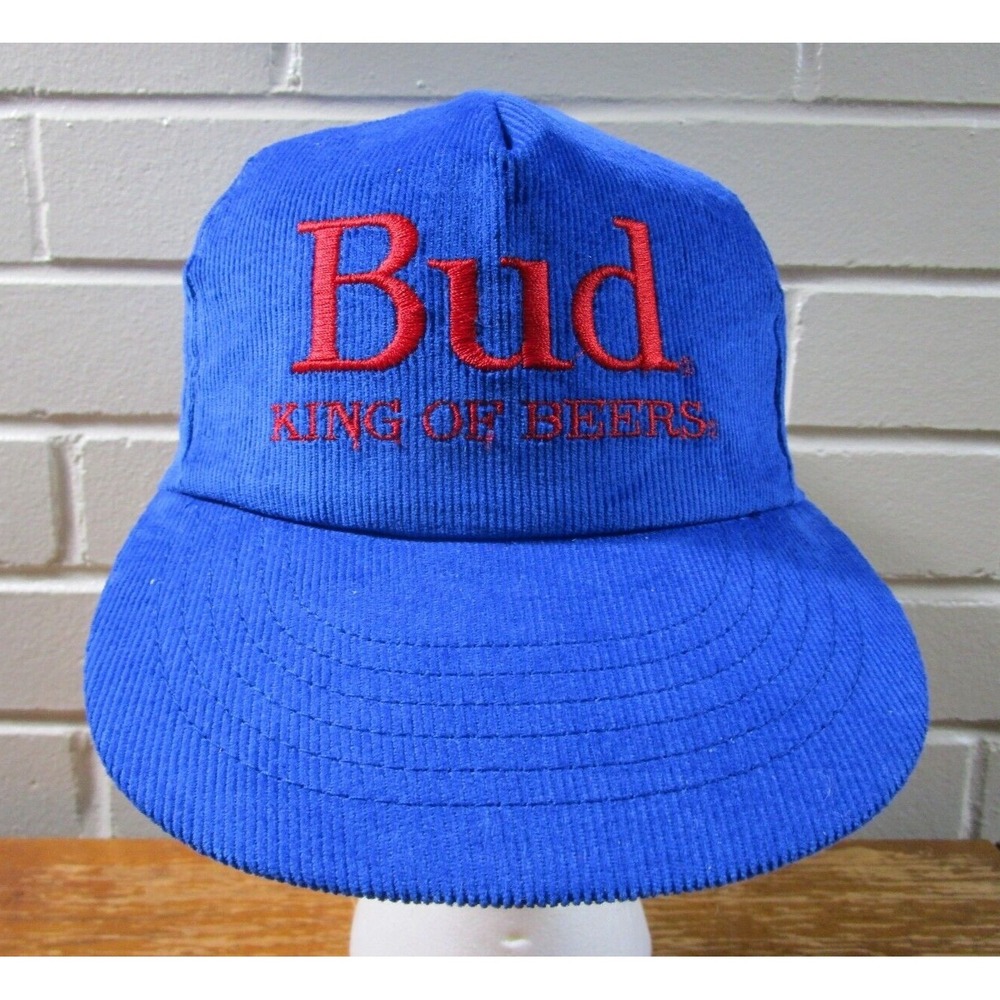 Vintage Bud King Of Beers Corduroy Hat Cap Buckle Closure Budweiser Embroidered
